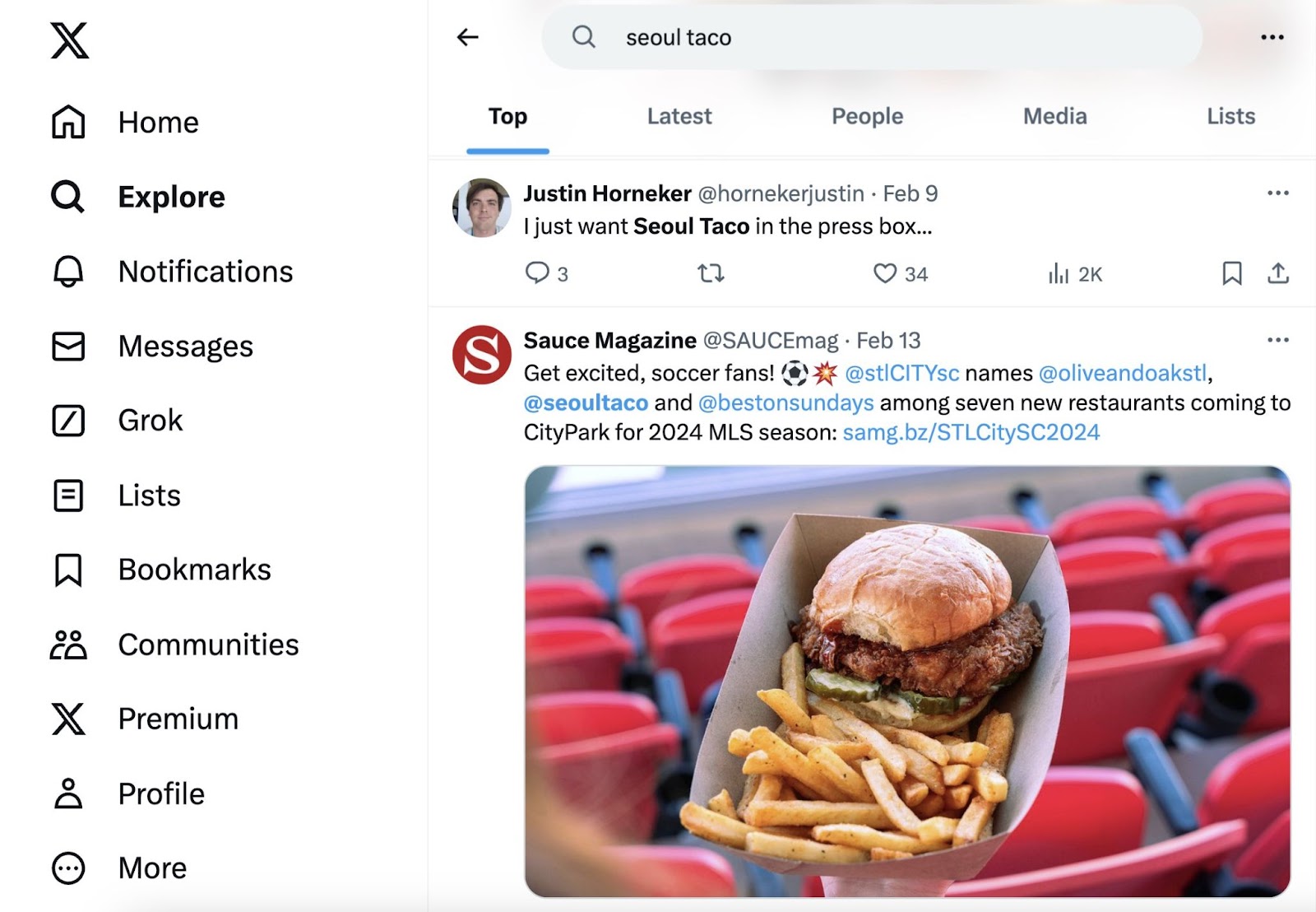 "Explore" page on X for "seoul taco"