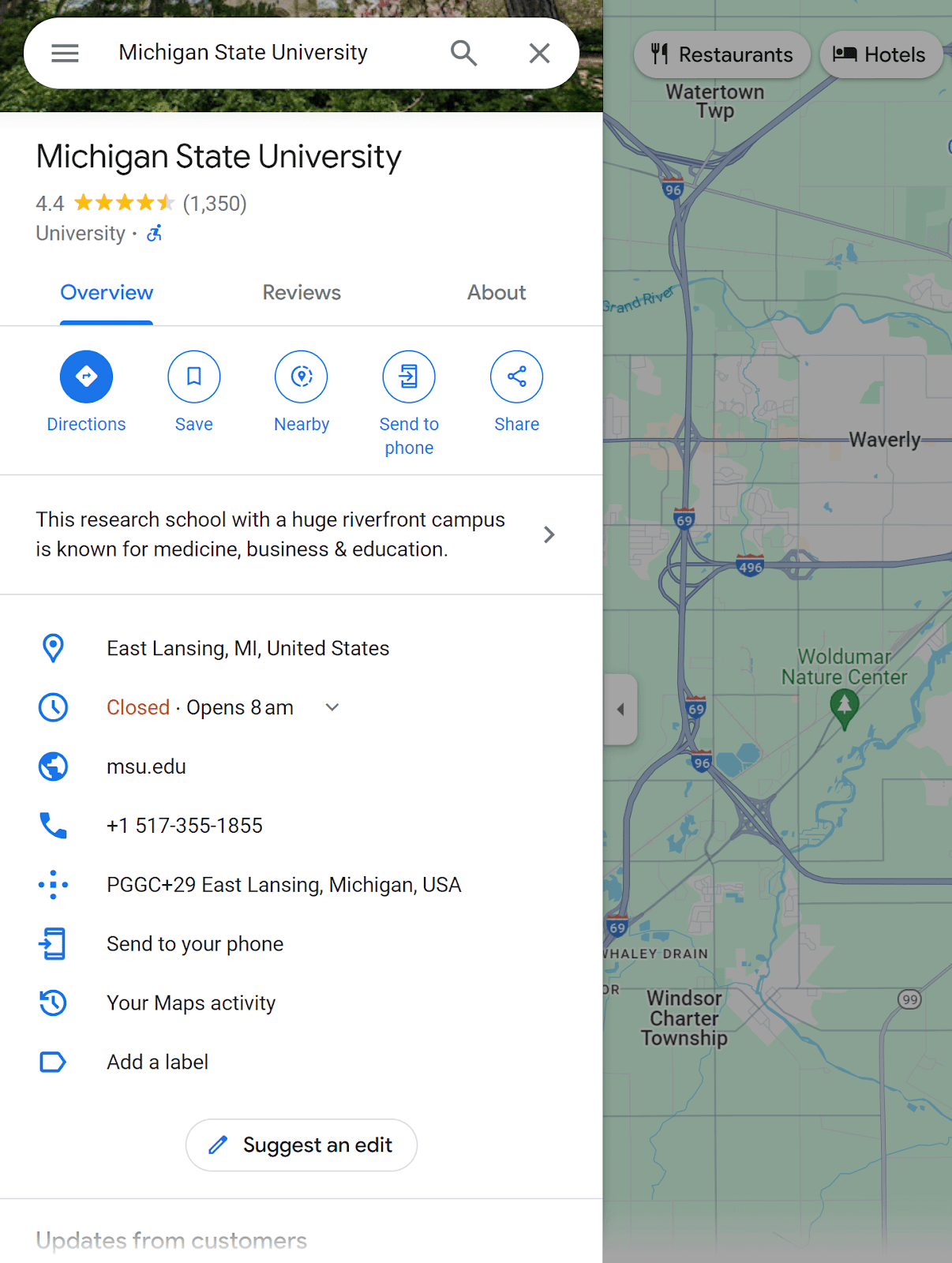 Michigan State University Business listing Overview section.