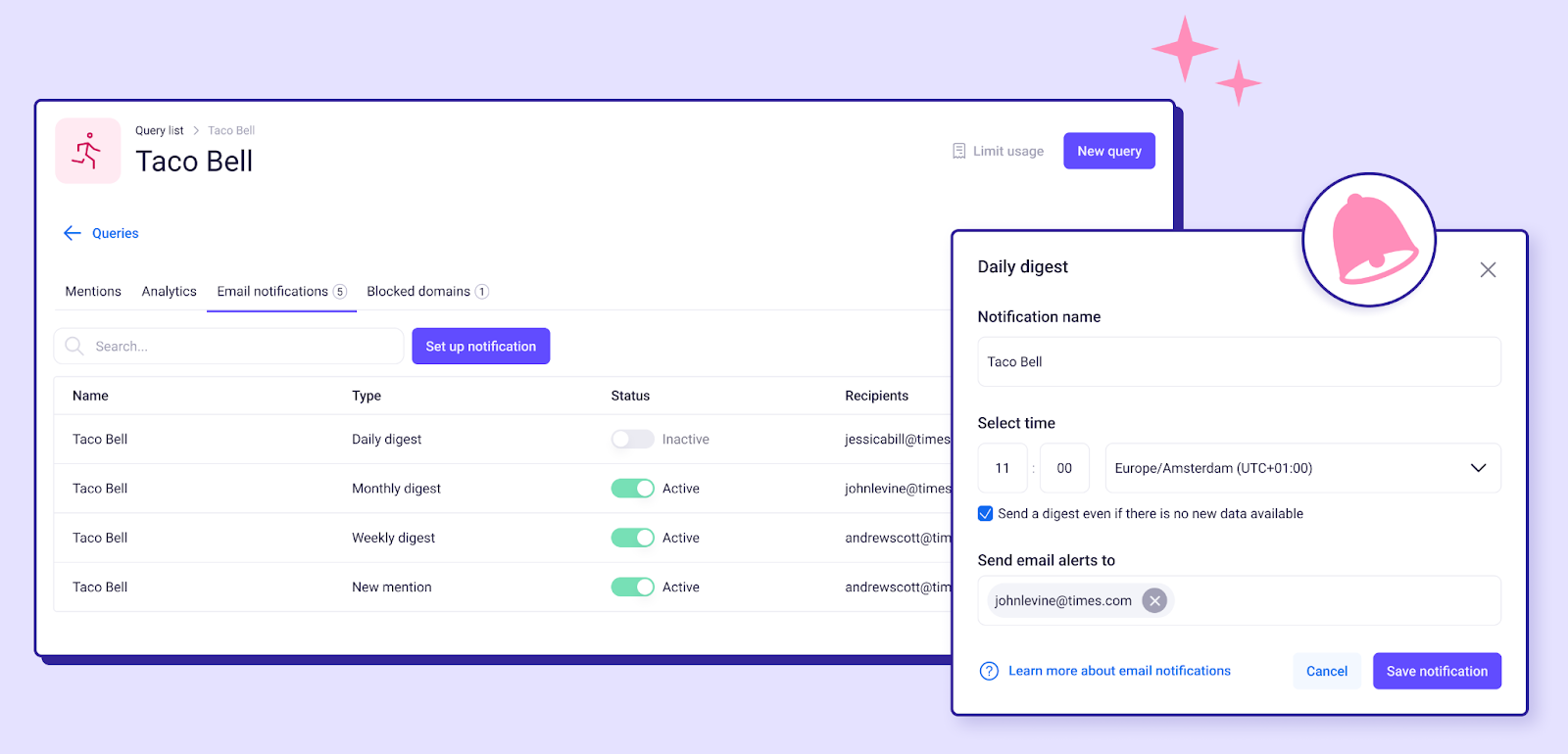 Brand monitoring tool shows email notification settings to get notice for new mentions across platforms.