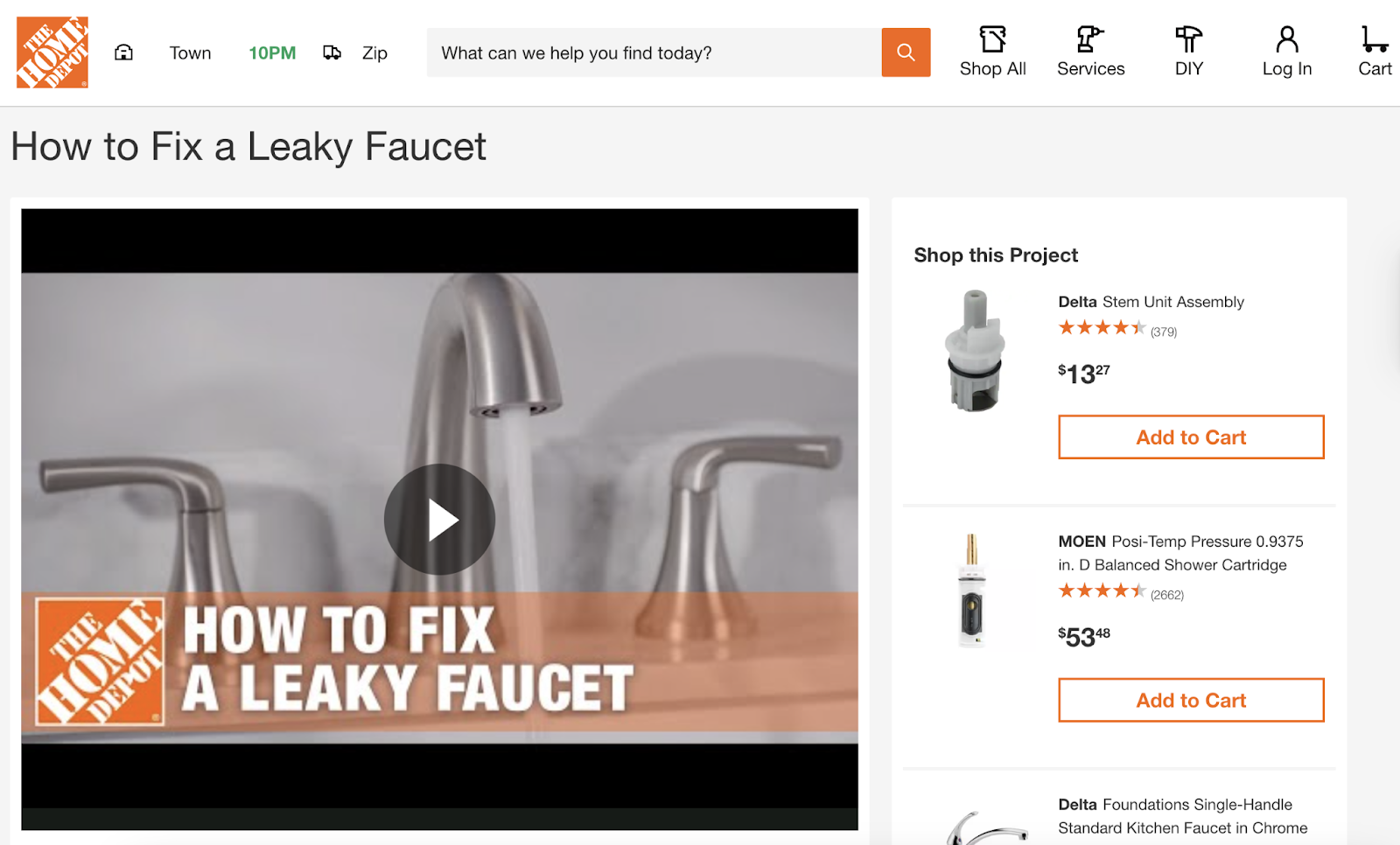 this webpage shows a video on how to fix a leaky faucet and showcases products on the right hand side