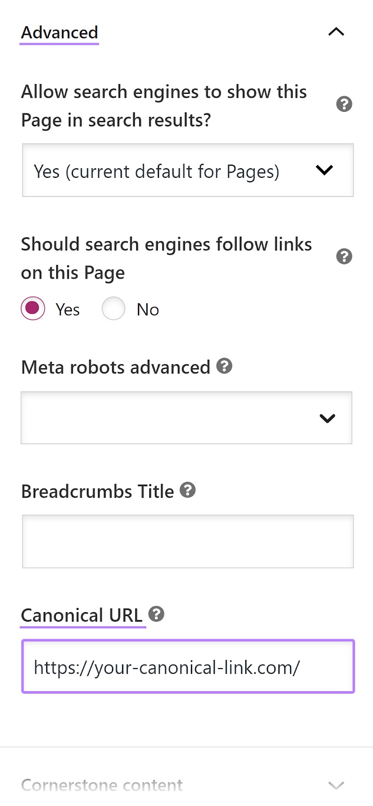 “Advanced" section of Yoast SEO sidebar