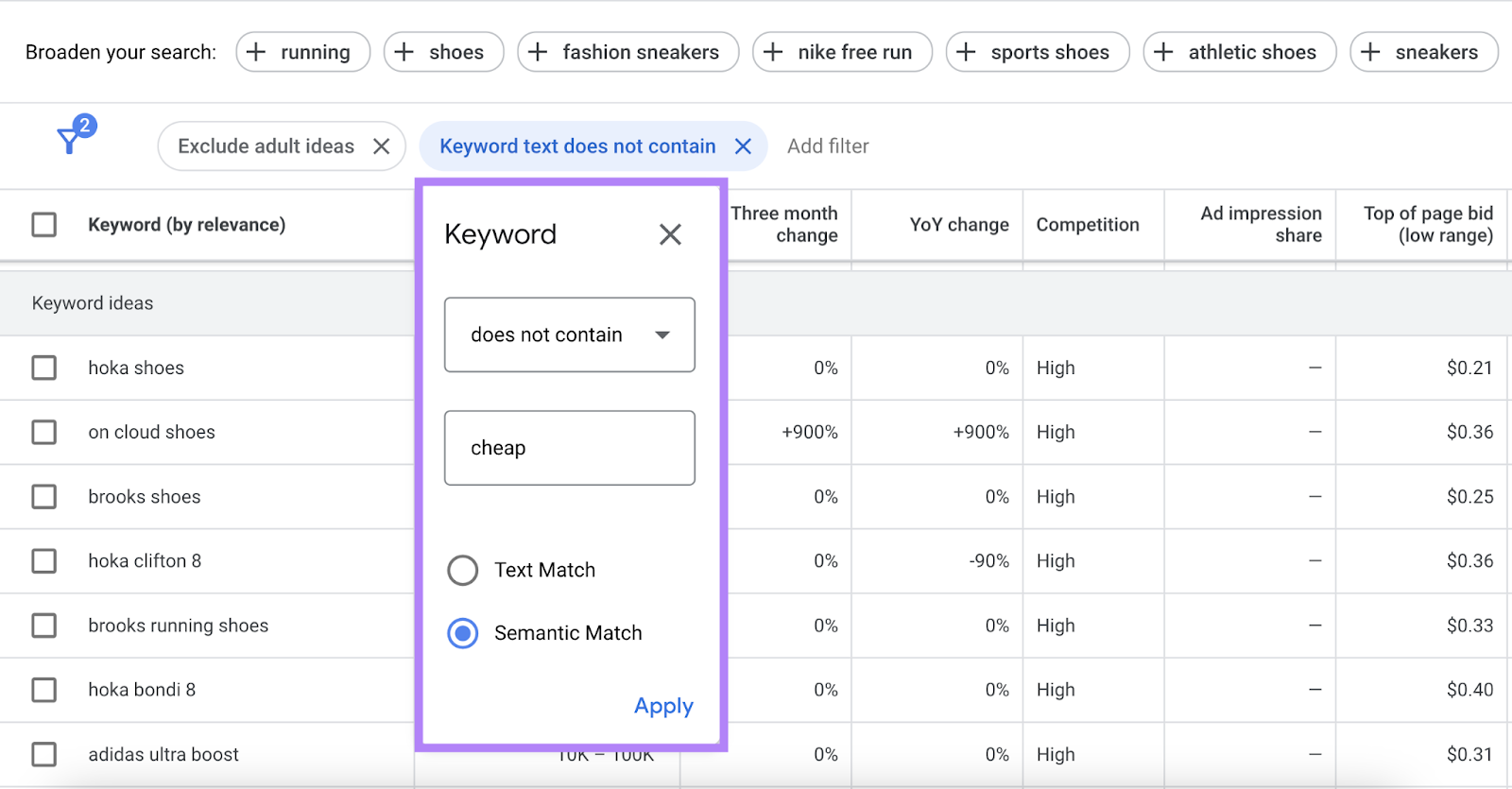 Keyword filter options