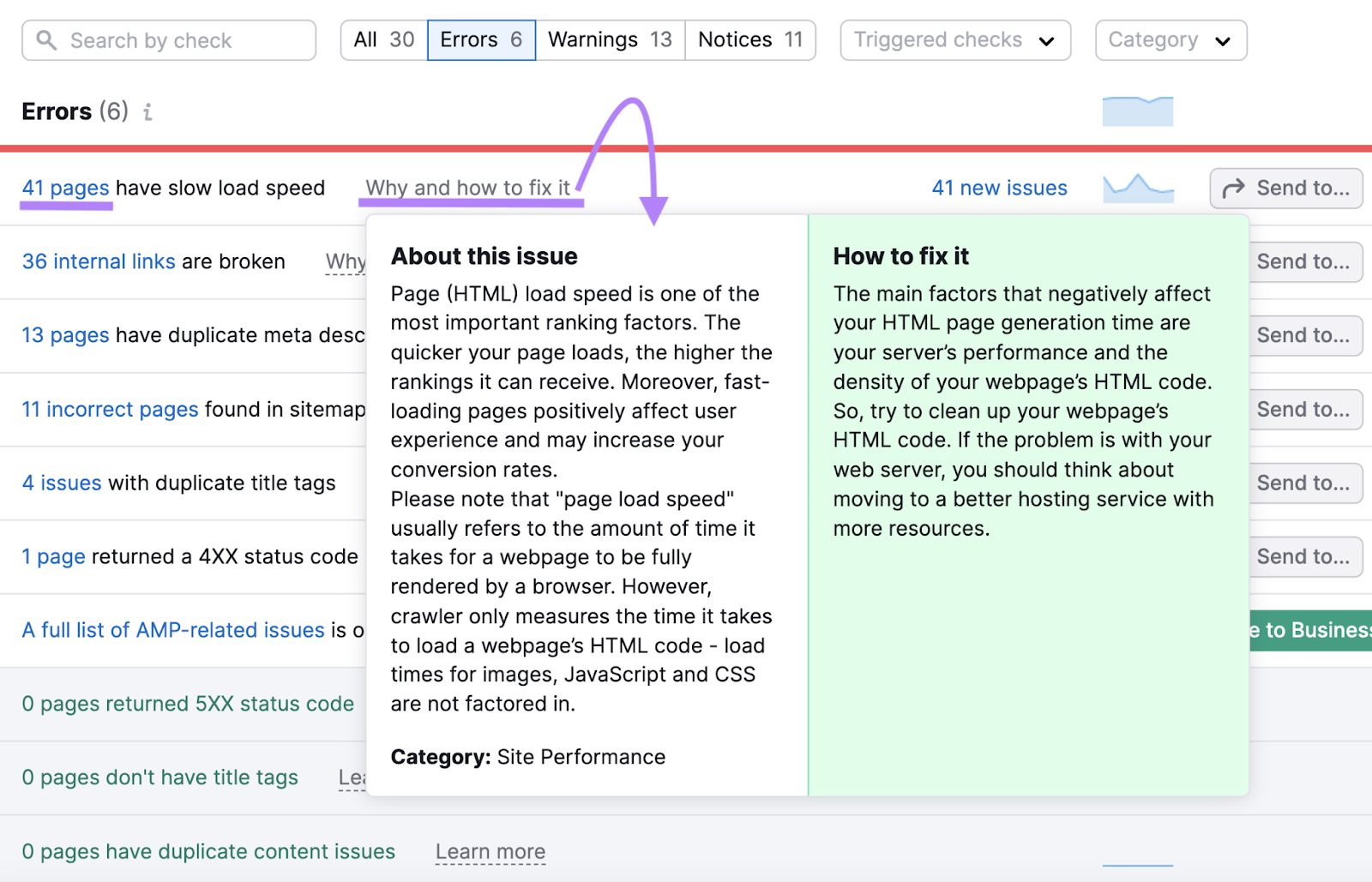 A list of Errors identified in Site Audit tool