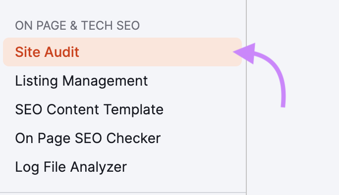 "Site Audit" on Semrush's side navigation menu clicked