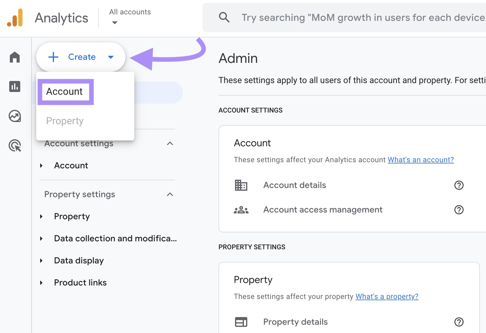 Google Analytics Admin dashboard