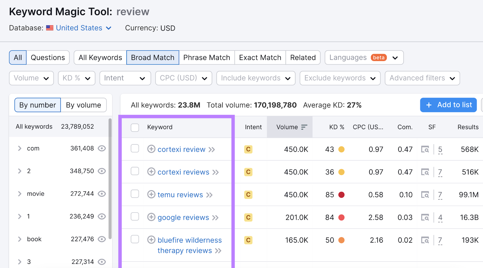 Keyword Magic Tool results for "review" search