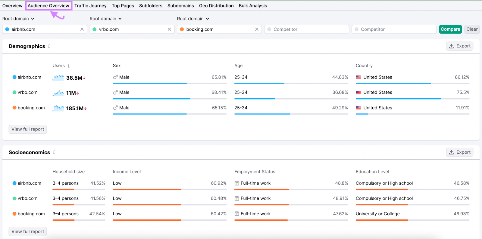 "Audience Overview" report in Traffic Analytics tool