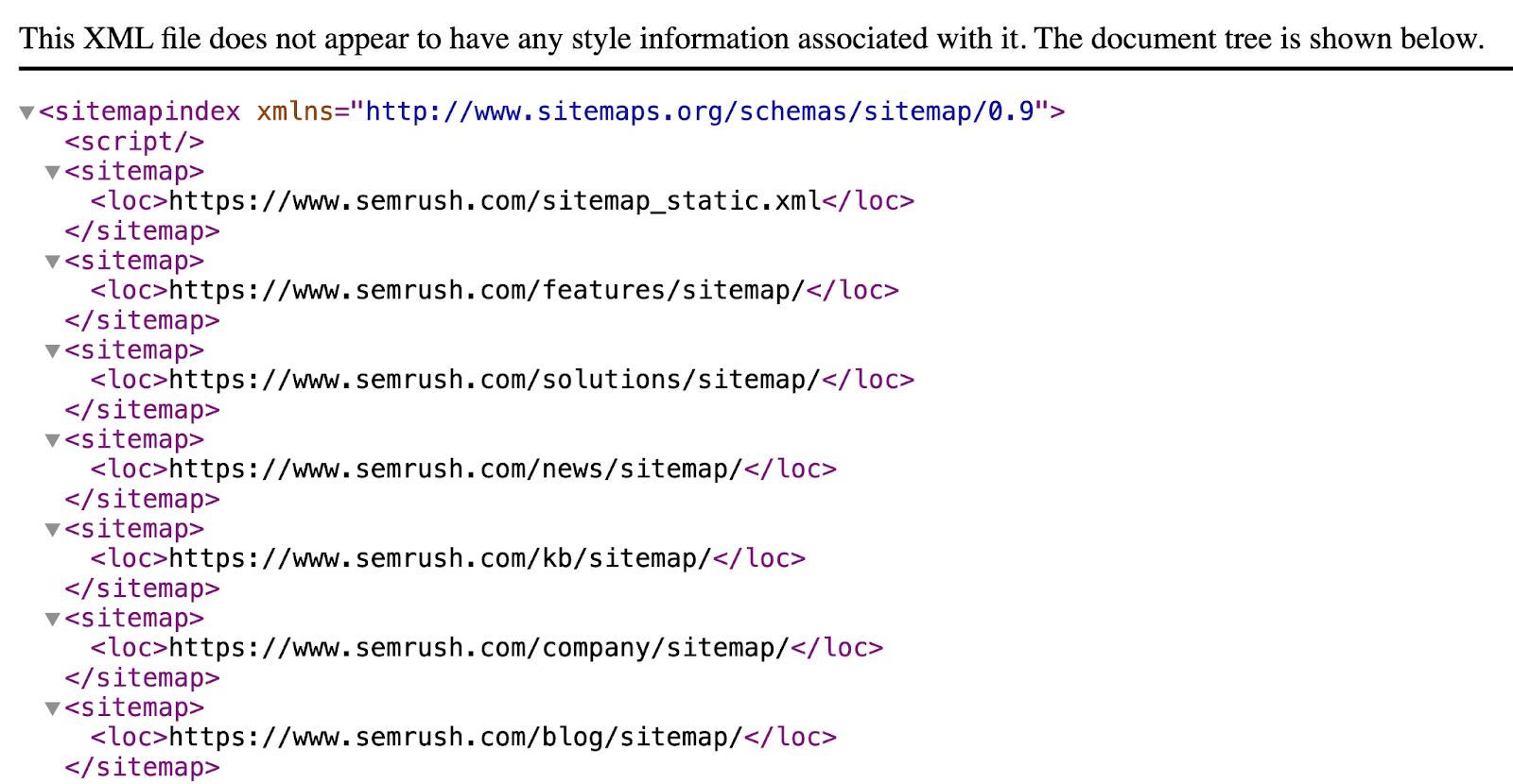 sitemap index shows multiple sitemaps for different parts of a website