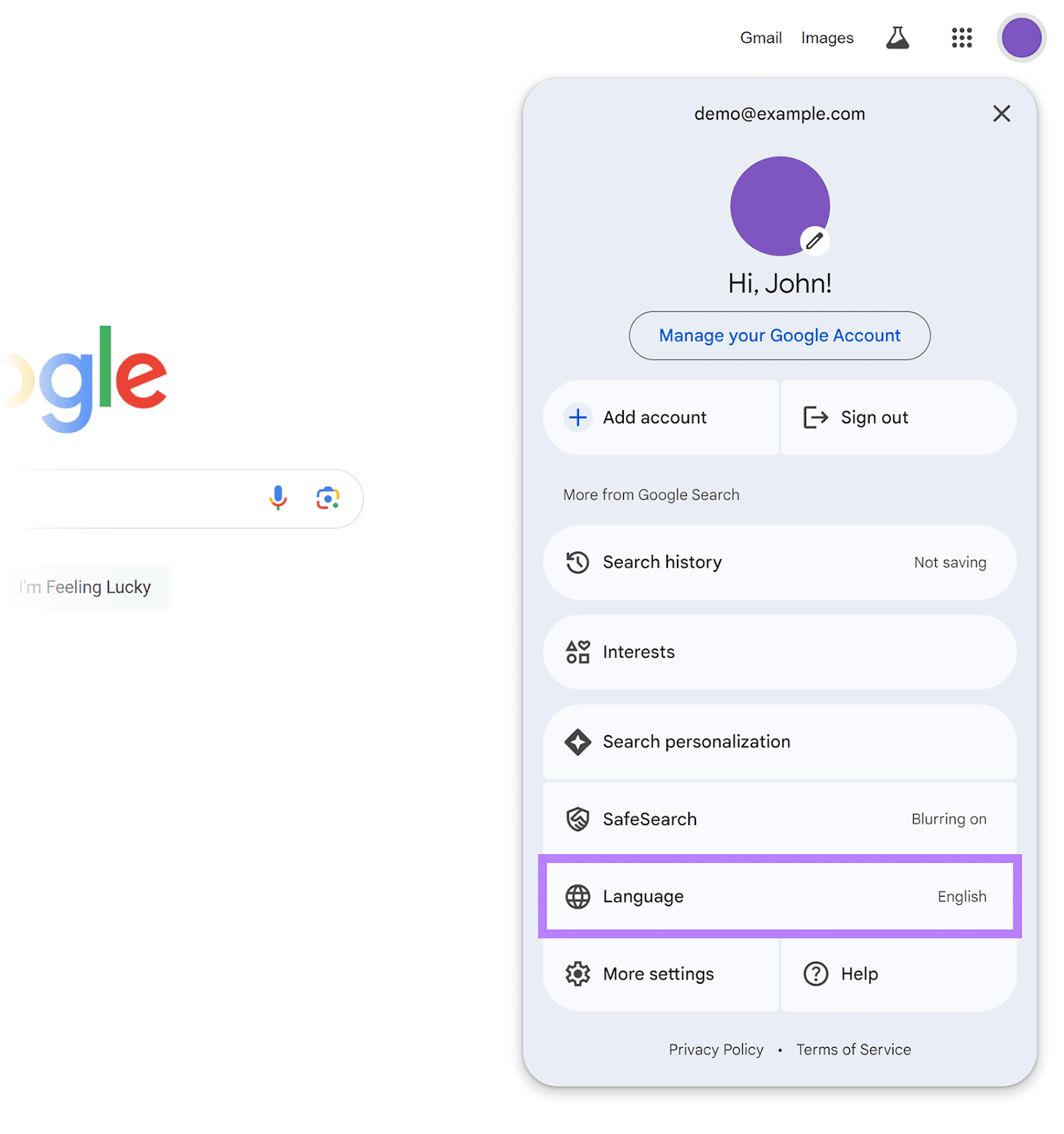 Profile icon clicked on Google homepage to reveal dropdown menu and Language setting tab highlighted