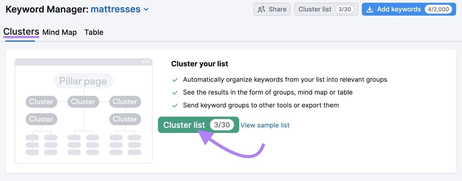 where to find “Cluster list” button shown