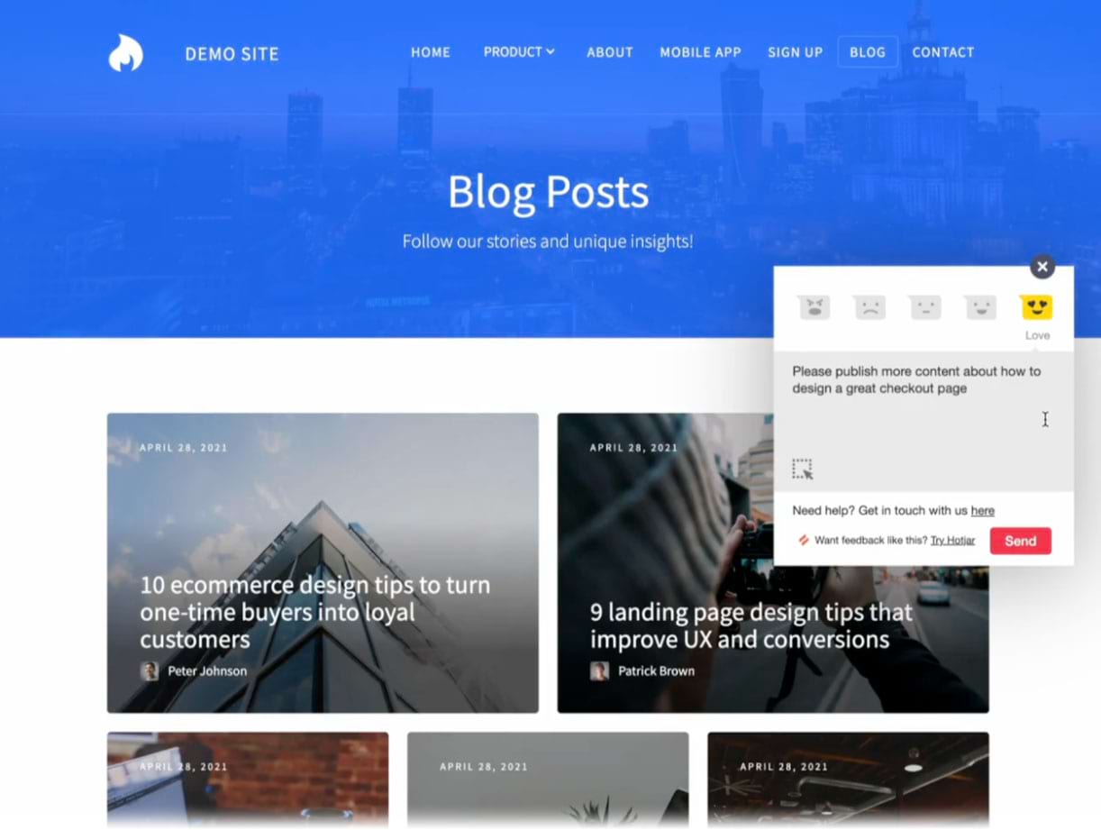 Hotjar’s feedback window on a demo Blog Posts site