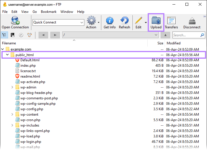 Cyberduck FTP client interface showing option to upload a new file.