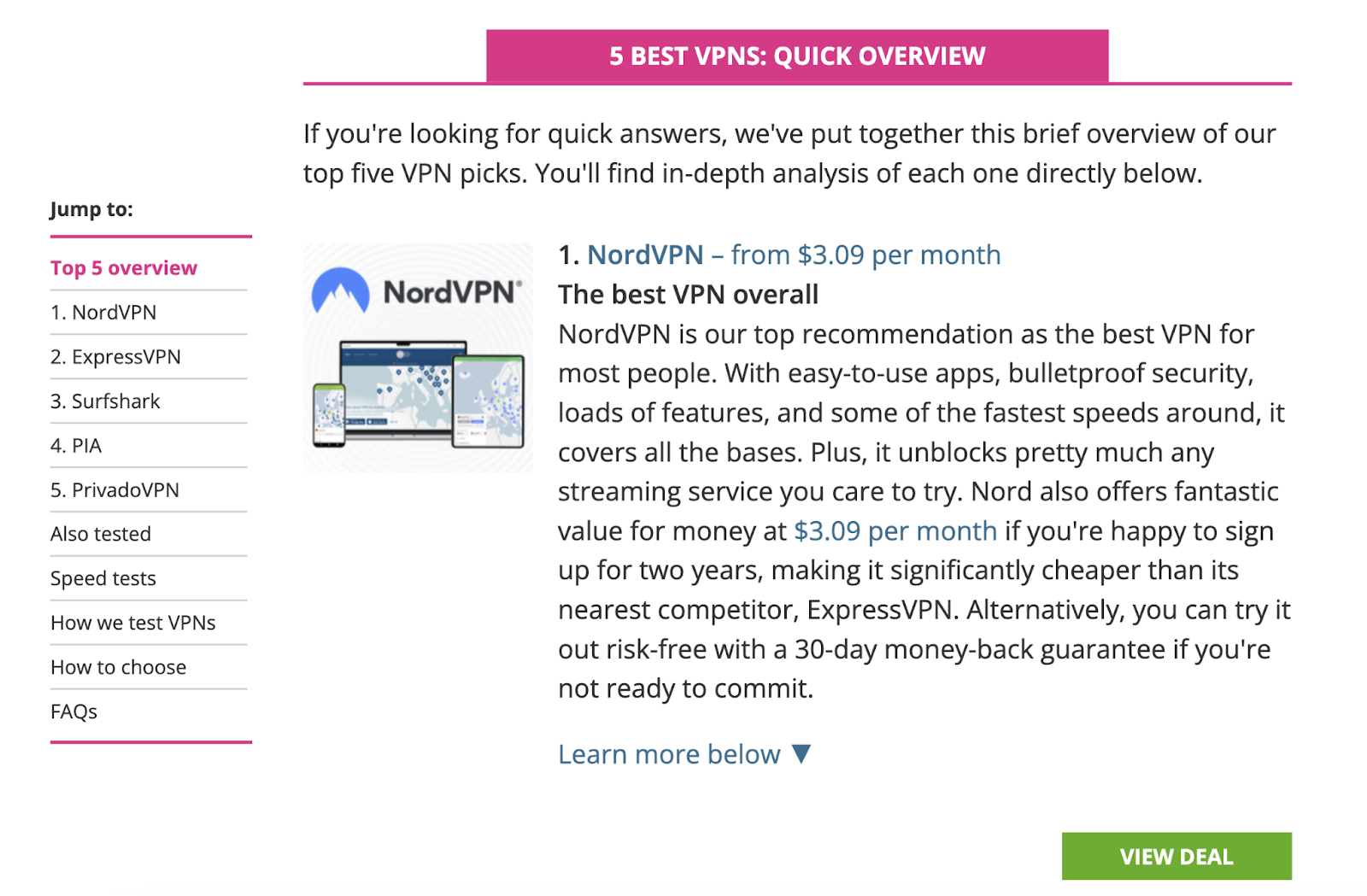 section of the article shows an overview of the best VPNs