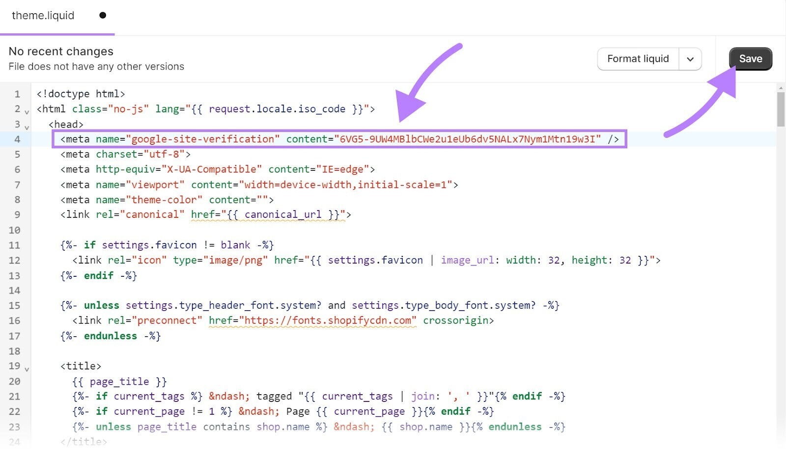 Shopify theme.liquid file with Google search console site verification code added