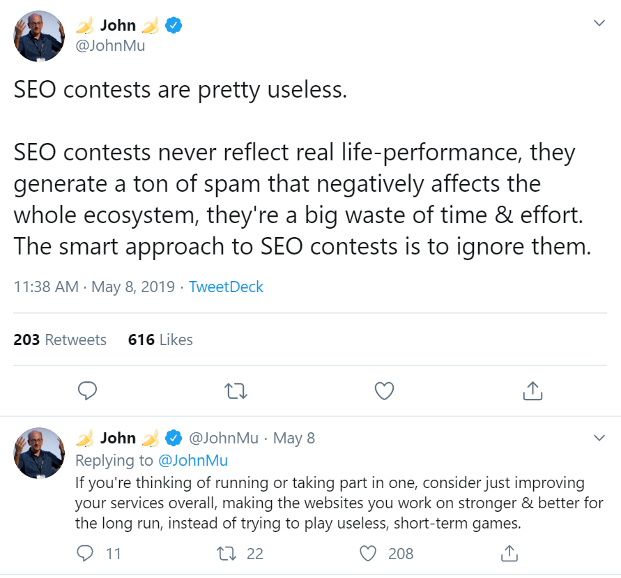 John Mueller’s tweet about SEO Contests