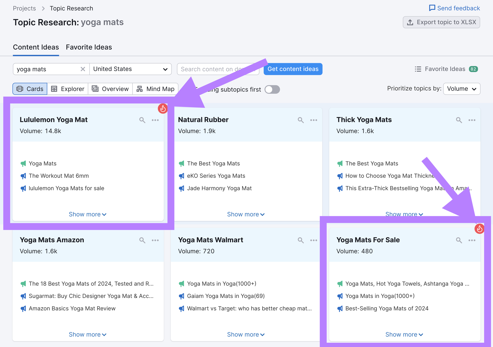 topics related to yoga mats in Semrush's Topic Research tool