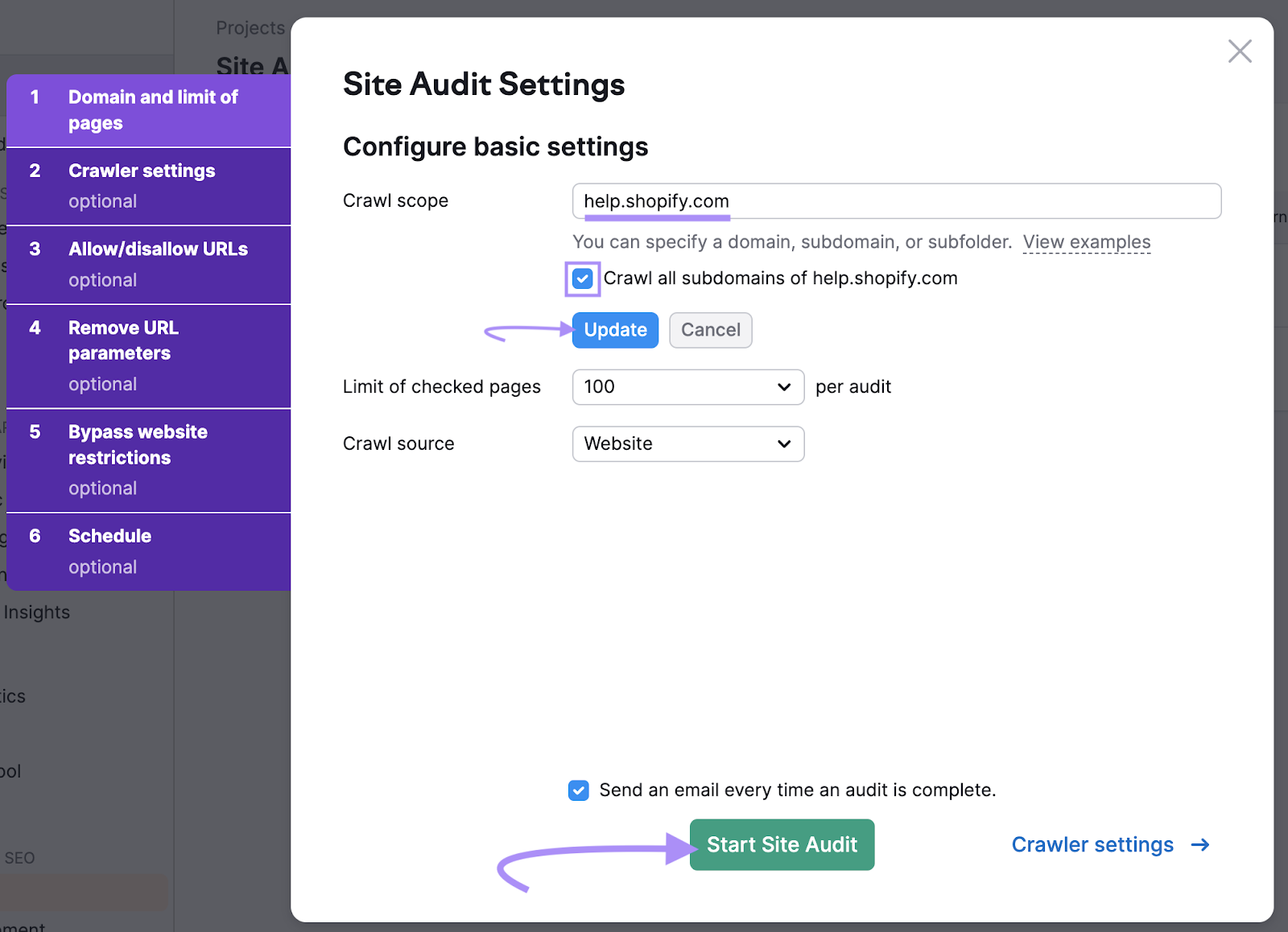 "Site Audit Settings" page