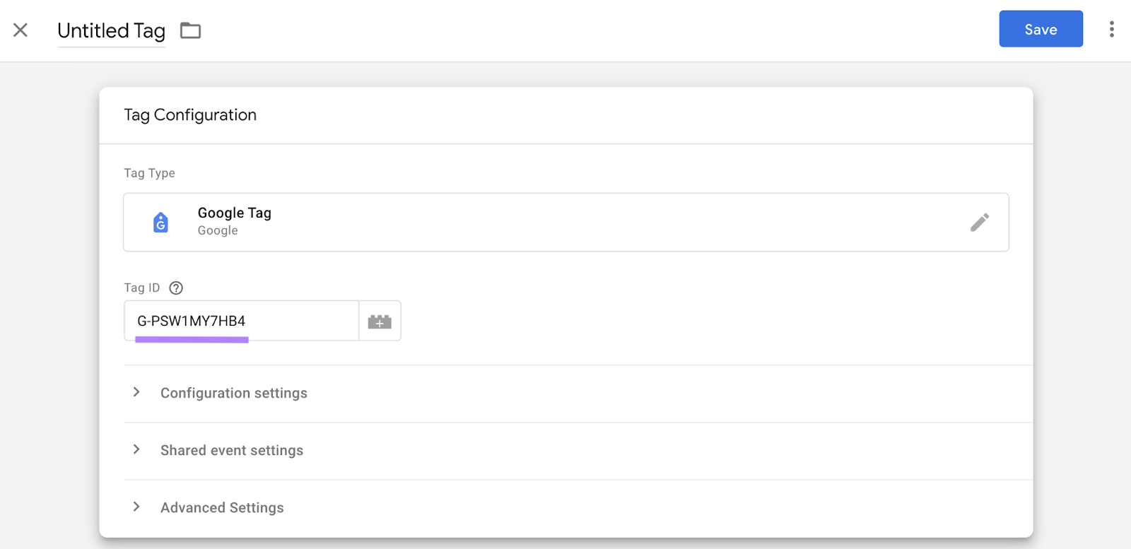 An image showing measurement ID for GA property in the “Tag ID” field