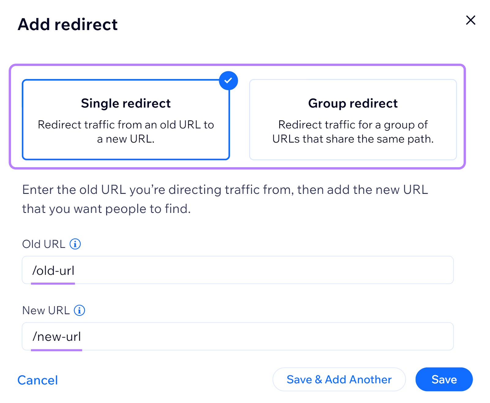 "Add a redirect" pop-up window