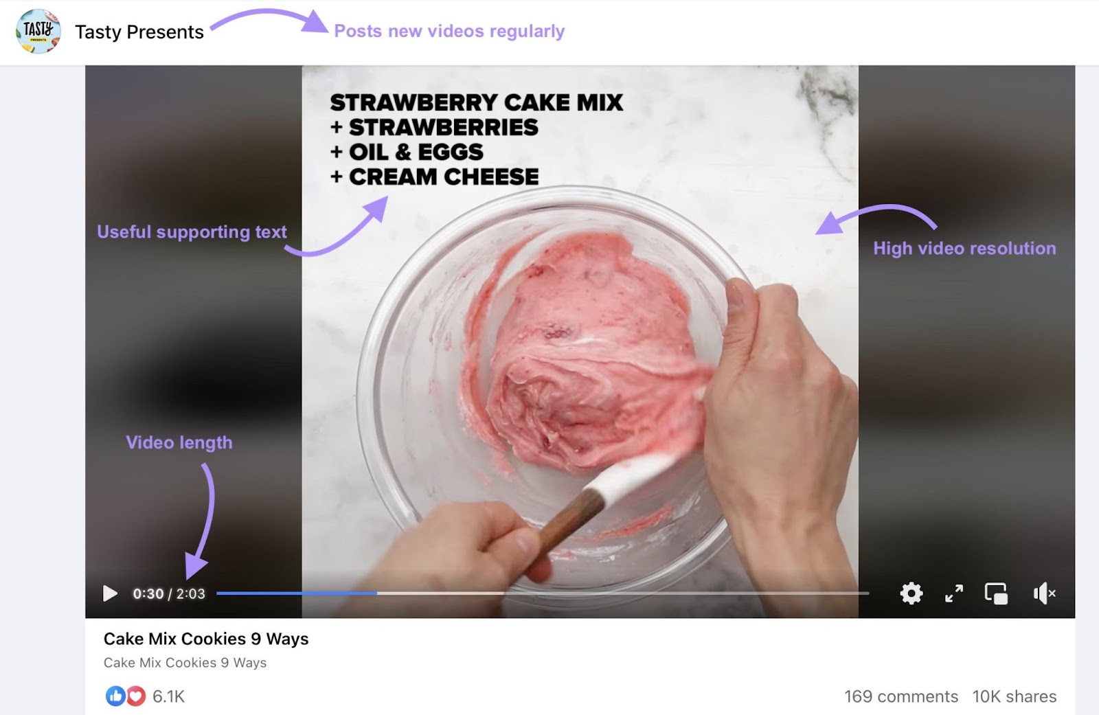 Tasty's Facebook video with useful supporting text, high video resolution, and video length elements marked