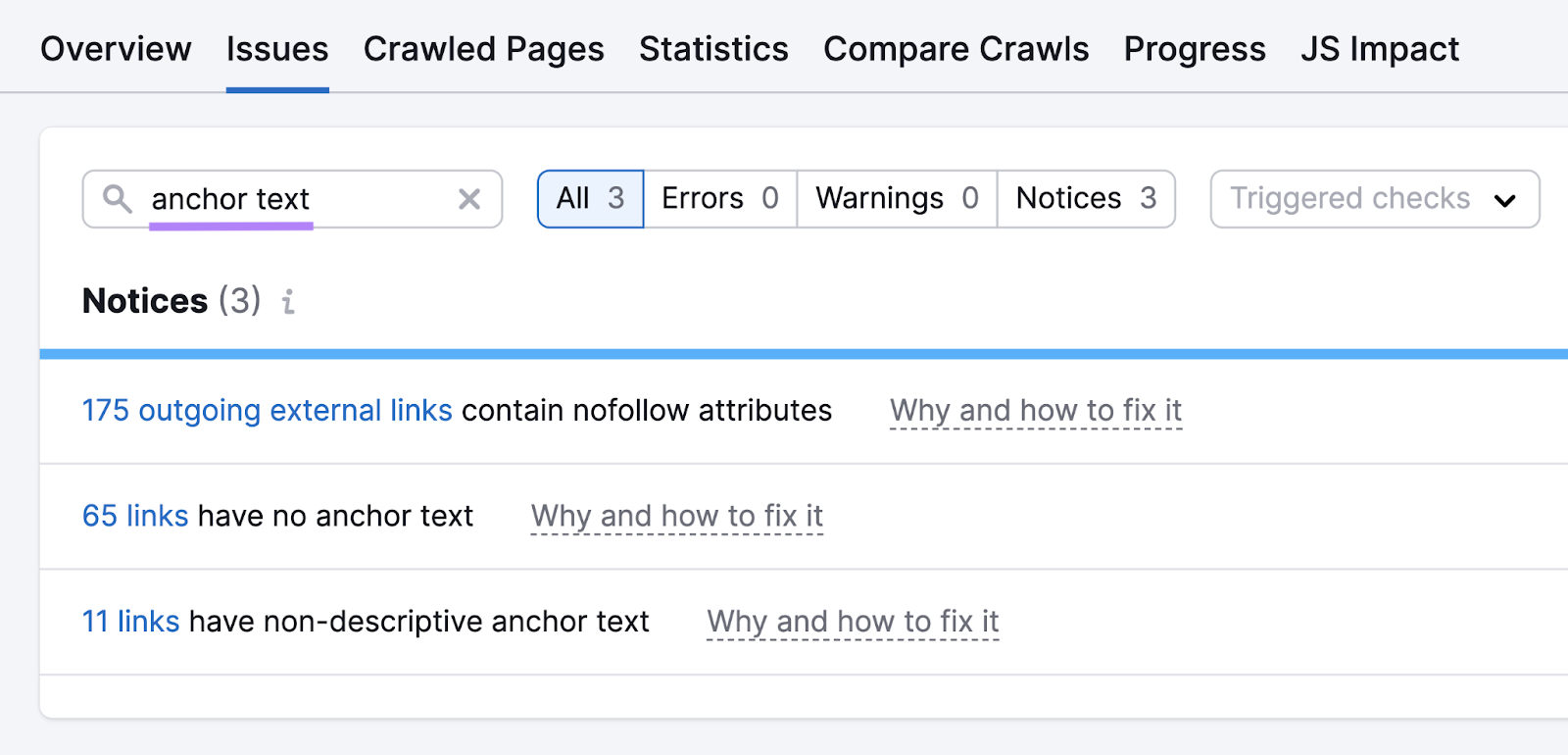 anchor text issues in site audit shows notices for outgoing external links containing nofollow attributes, no anchor text, and non-descriptive anchor text