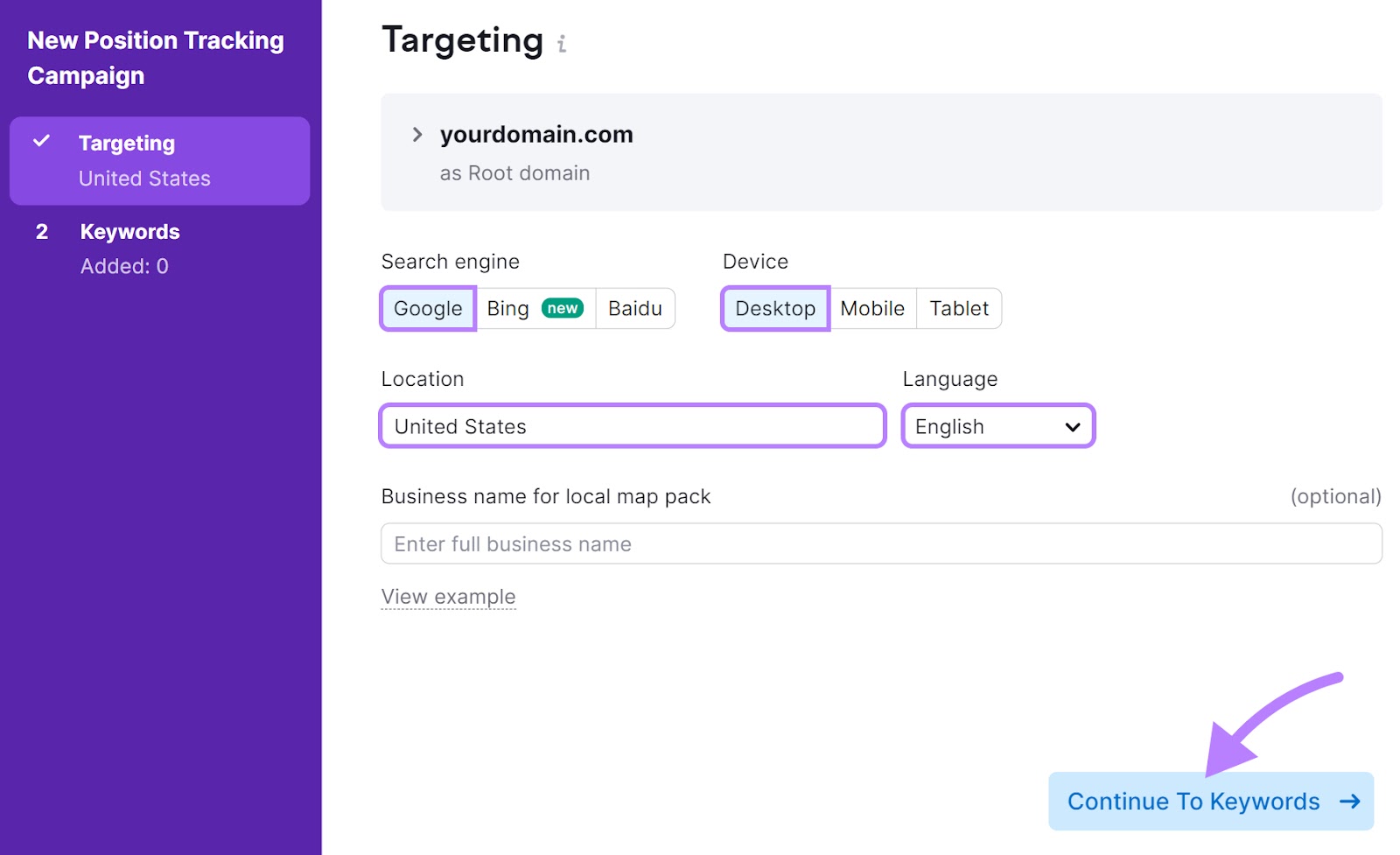 "Targeting" window in Position Tracking settings