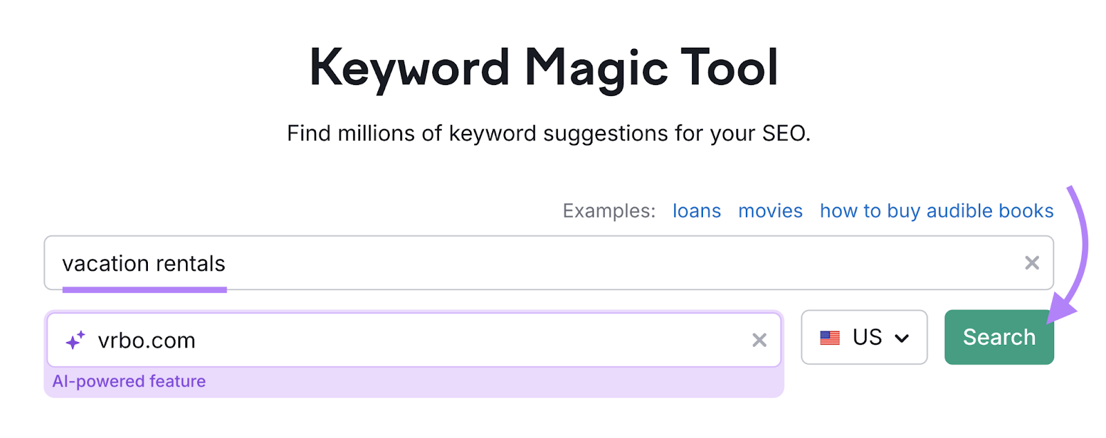 keyword and domain entered into keyword magic tool