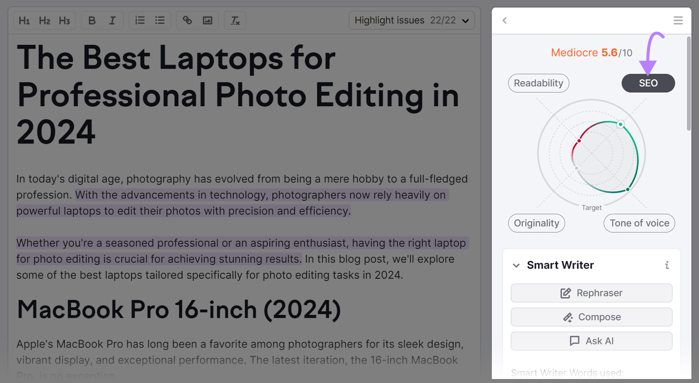 "SEO" button highlighted in SEO Writing Assistant