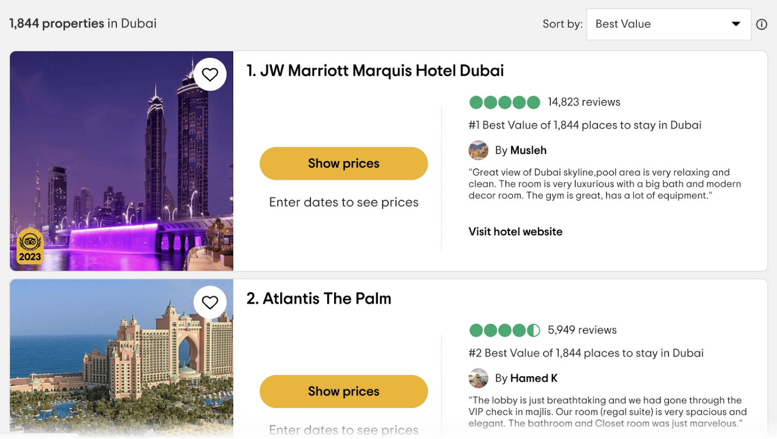 Tripadvisor business listings show a picture of the business or location, number of reviews, and customer rating.