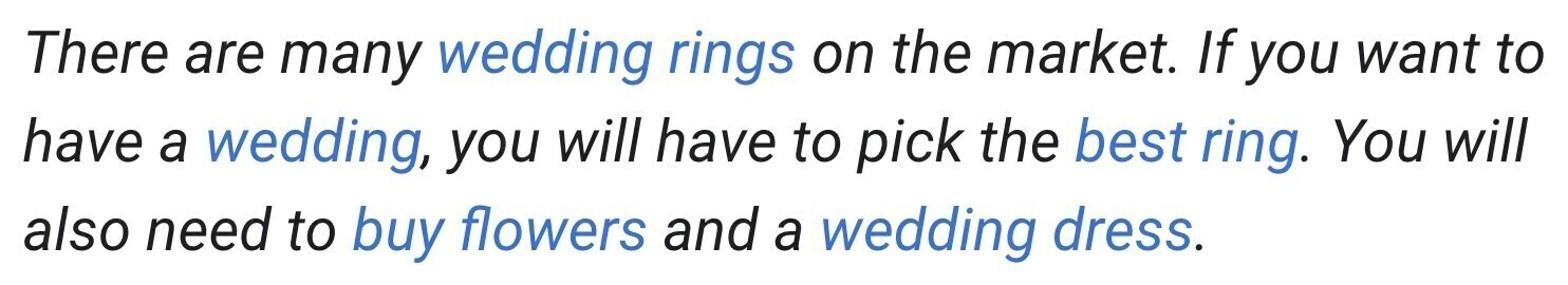 excessive anchor text example links "wedding rings," "wedding," "best ring," "buy flowers," and "wedding dress" to various pages in three sentences