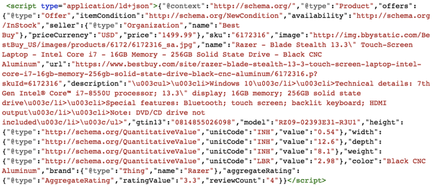 A screenshot of the code snippet that helps Google generate the rich result for the Razer Blade Stealth laptop above