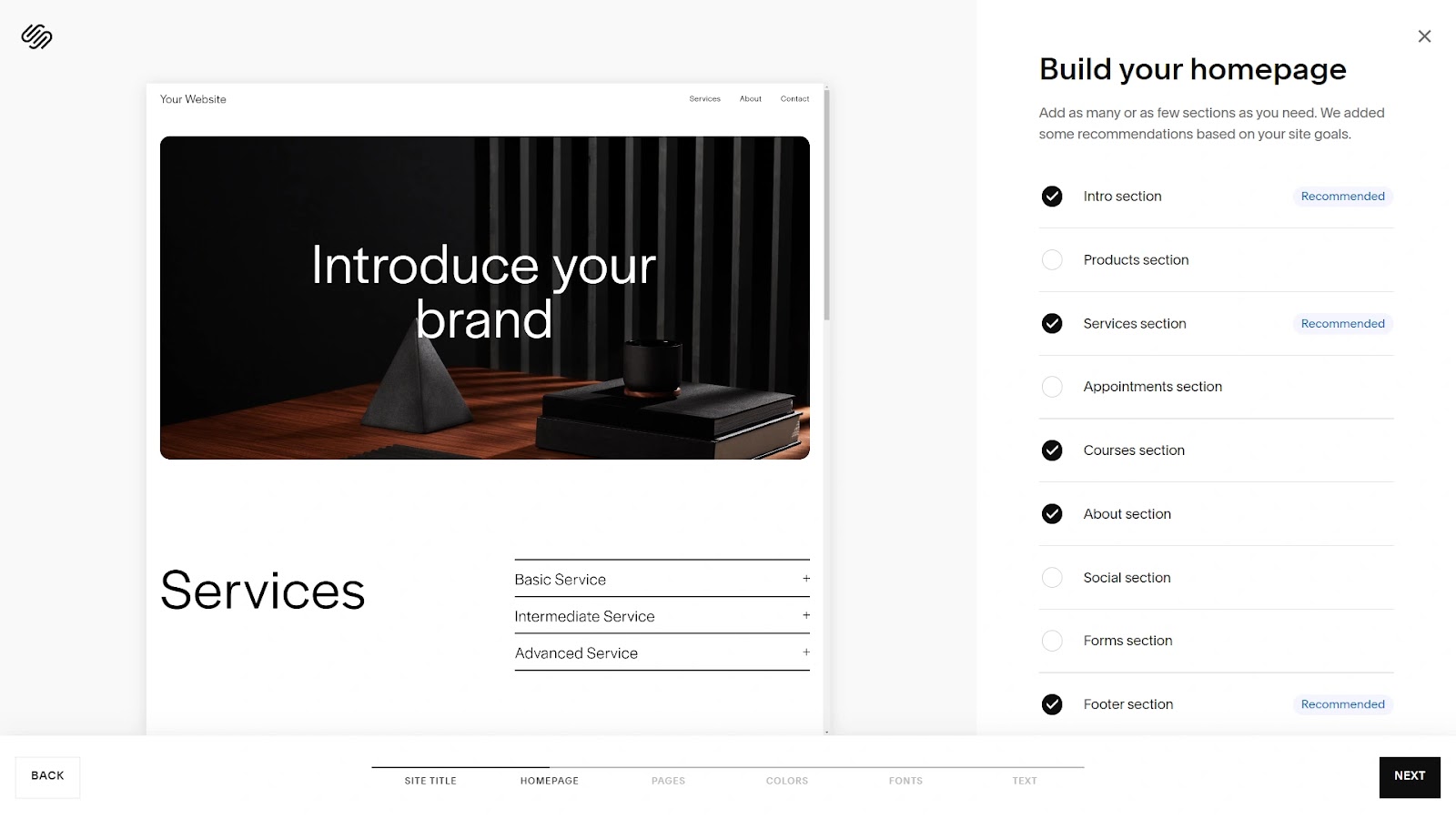 Squarespace website builder interface