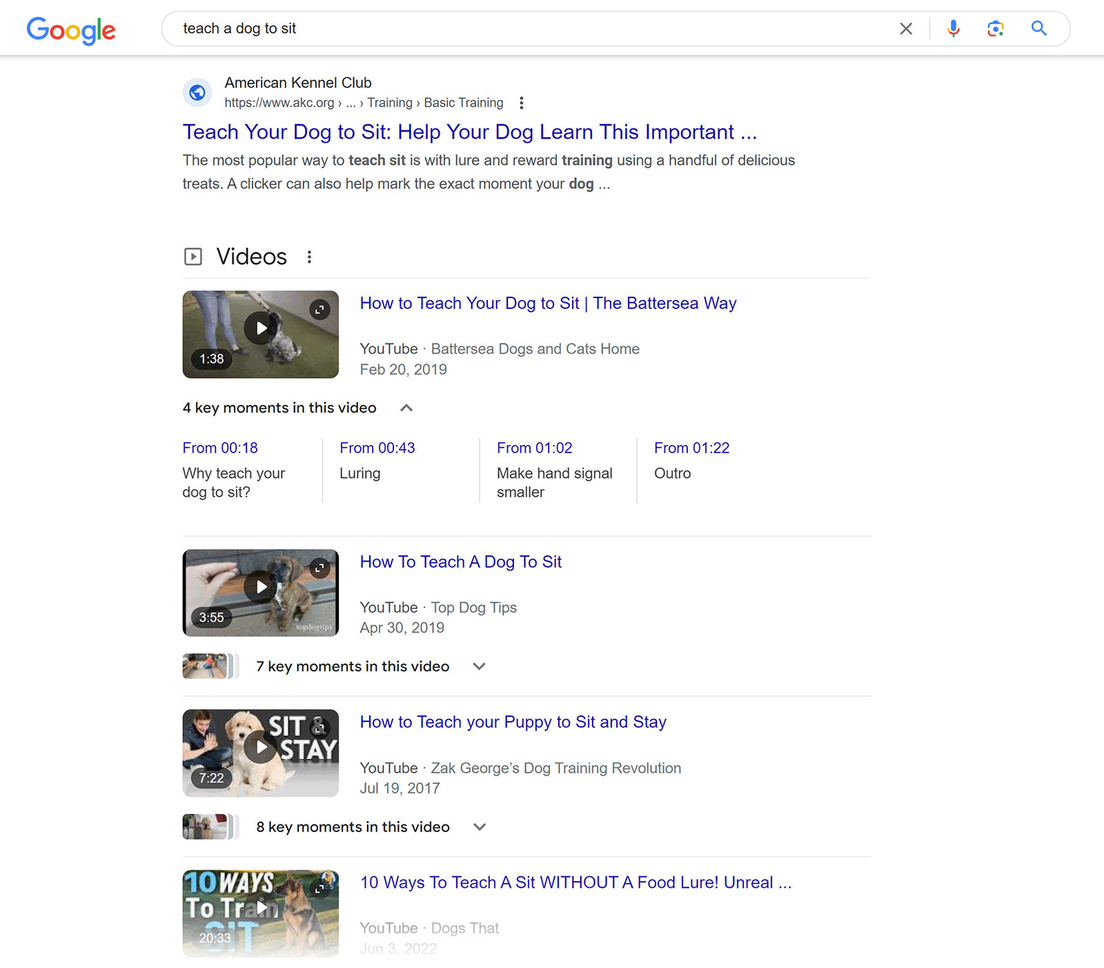 Google search results page showing videos section in page for 'teach a dog to sit' keyword