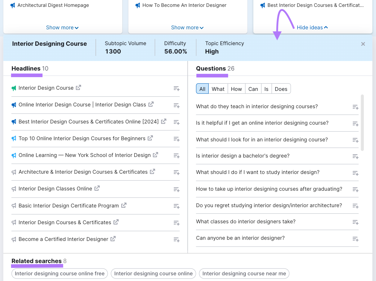 "Headlines," "Questions," and "Related searches" sections expanded for "interior designing course"