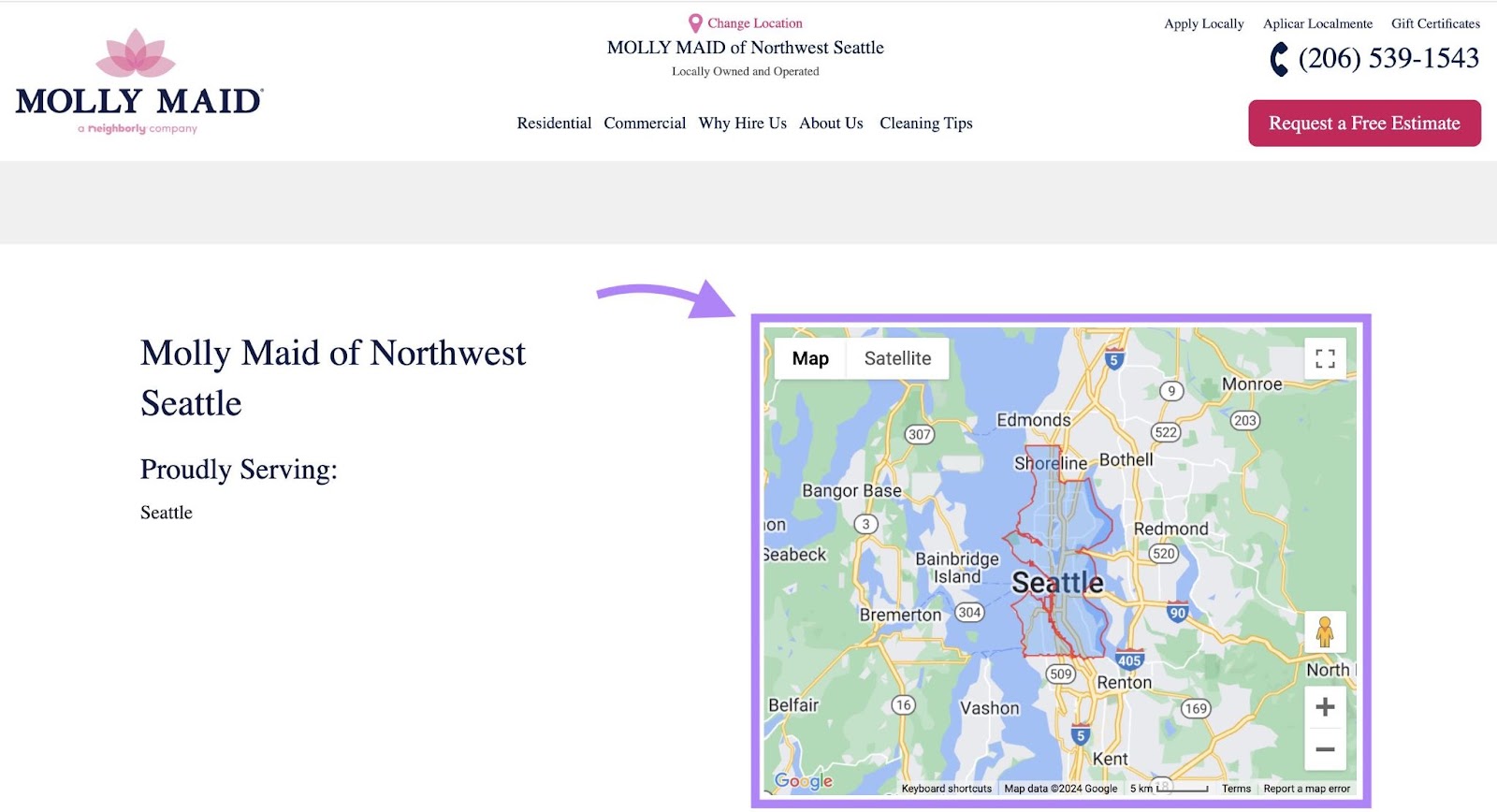 Google map embedded on the website of Molly Maid to show what area they serve.