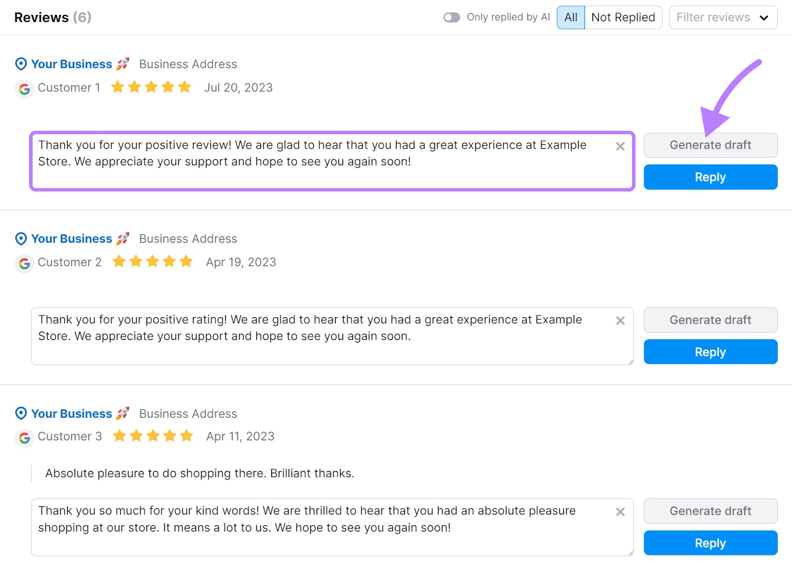 "Reviews" page in Reviews Management tab