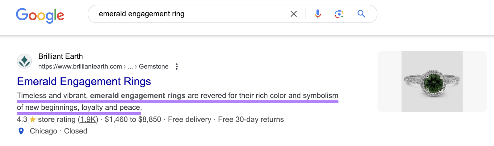A search for "emerald engagement ring" shows an organic result with a meta description that reads "Timeless and vibrant, emerald engagement rings are revered for their rich color and symbolism of new beginnings, loyalty, and peace."