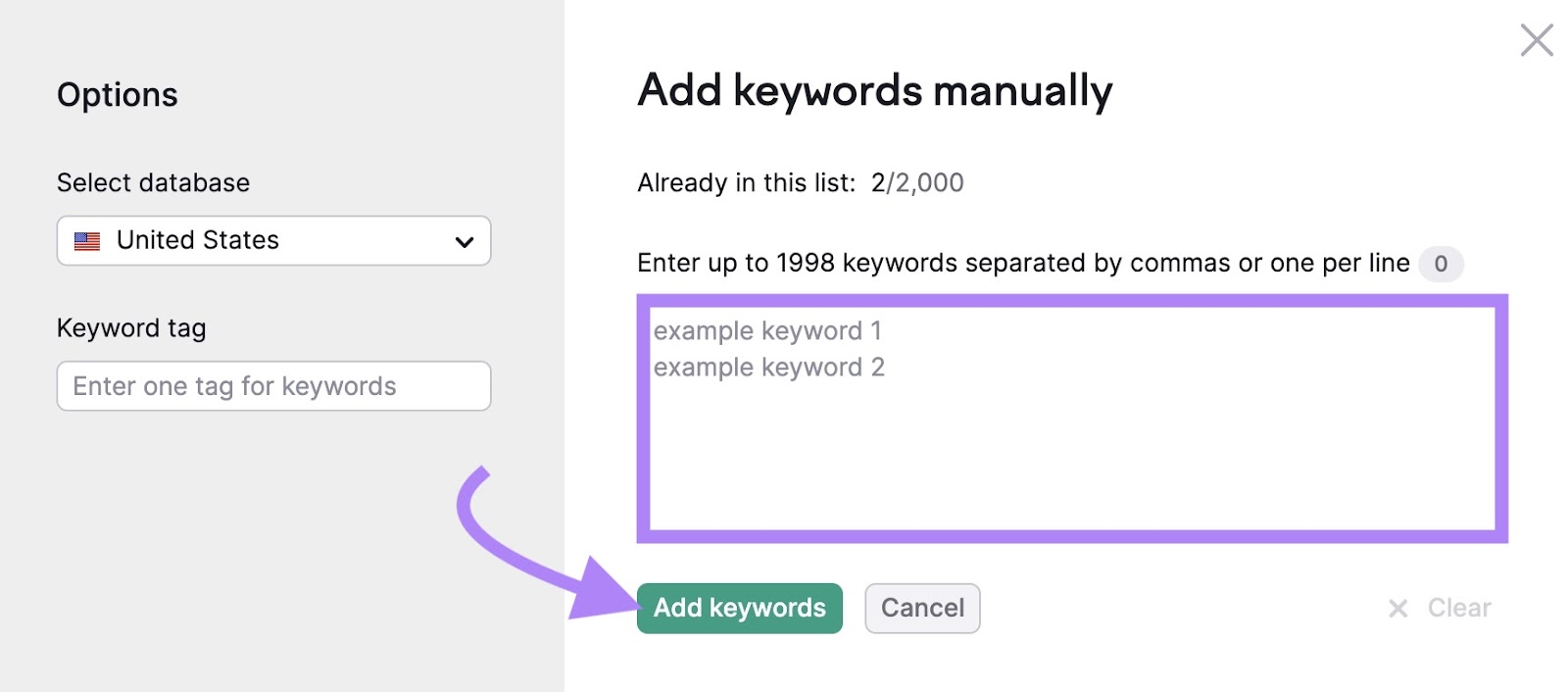 add keywords manually window