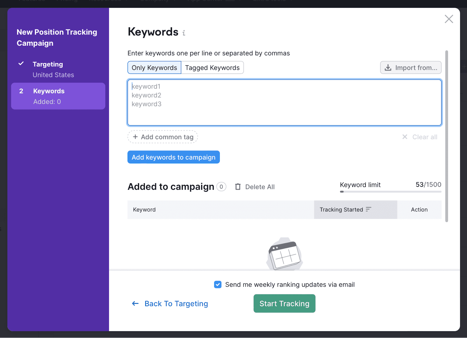 "Keywords" screen of Position Tracking settings