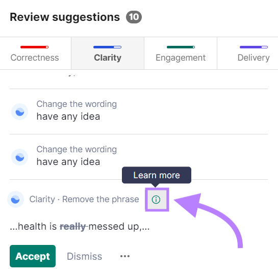 "Learn more" next to "Remove the phrase" suggestion on Grammarly highlighted.