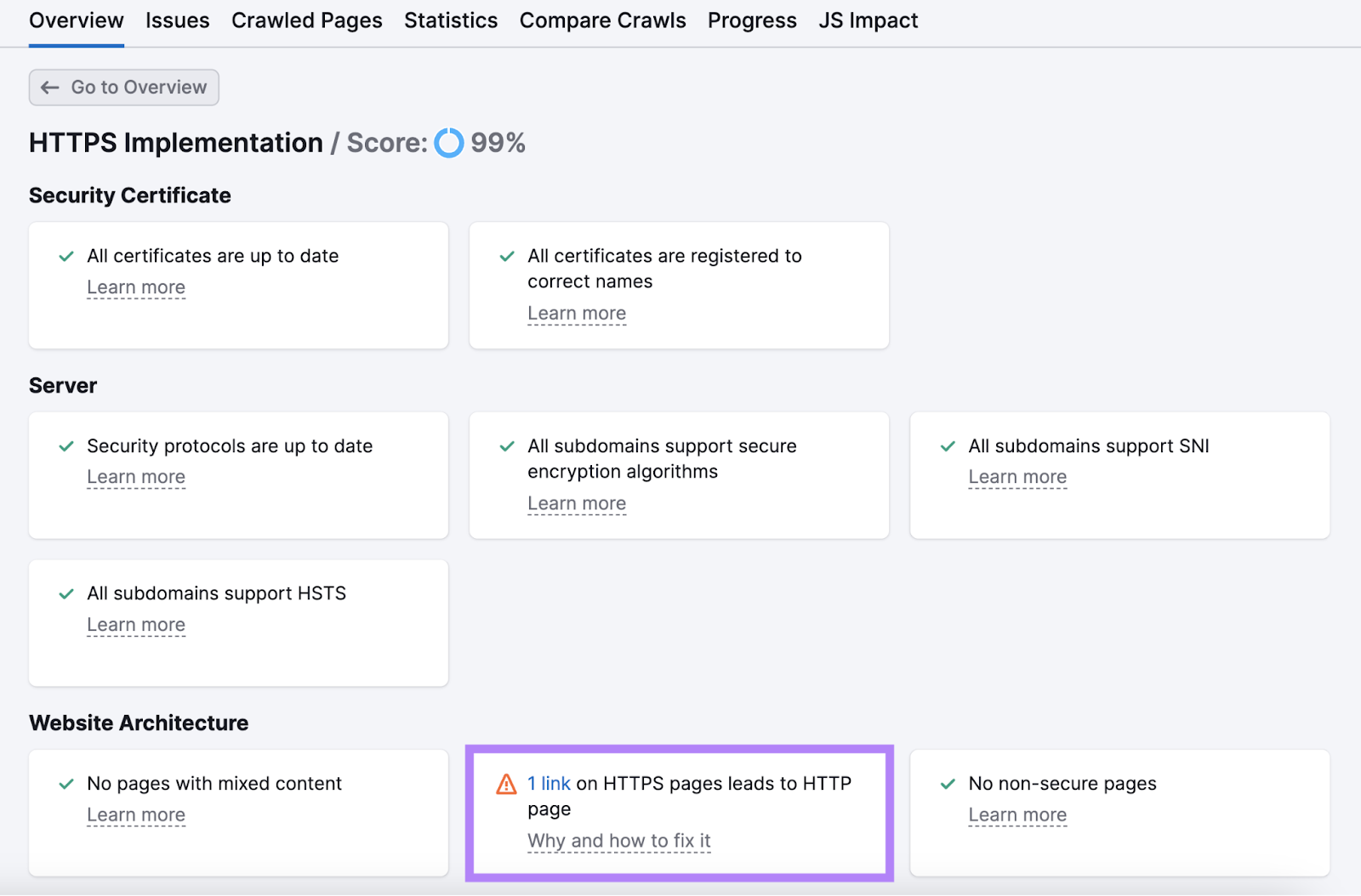 "HTTPS Implementation" page showing security certificate, server, and website architecture issues in Site Audit tool