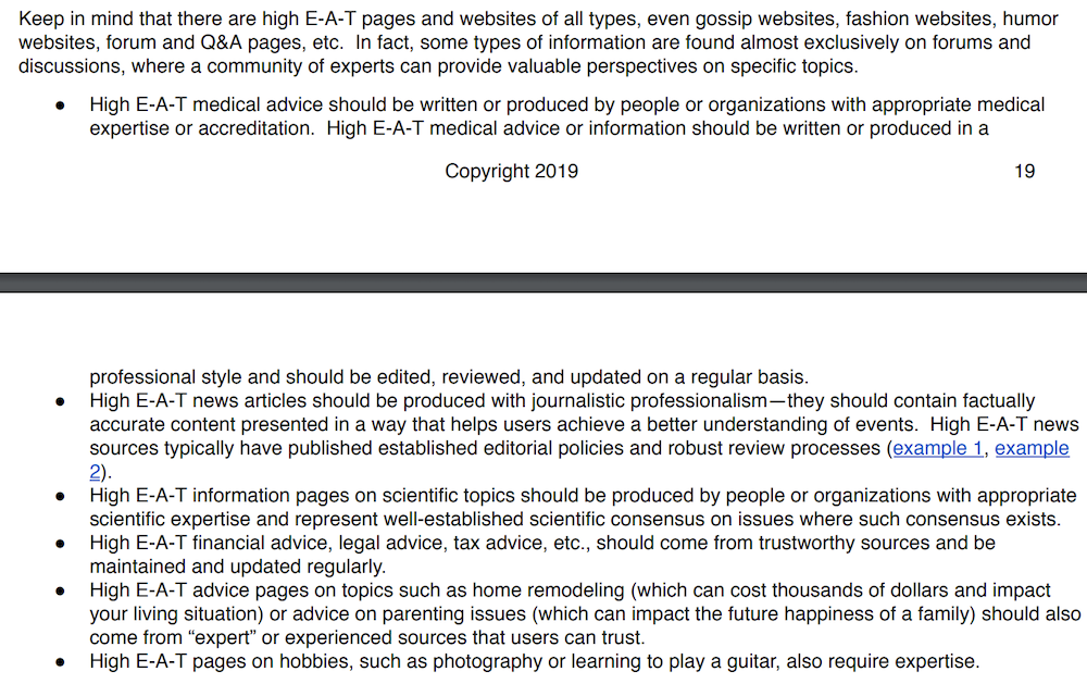 Google search evaluator guidelines section on E-A-T - screenshot