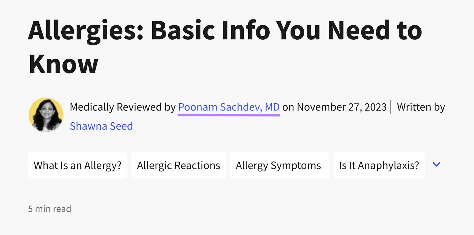 Doctor's name highlighted in article on allergies, indicating EEAT