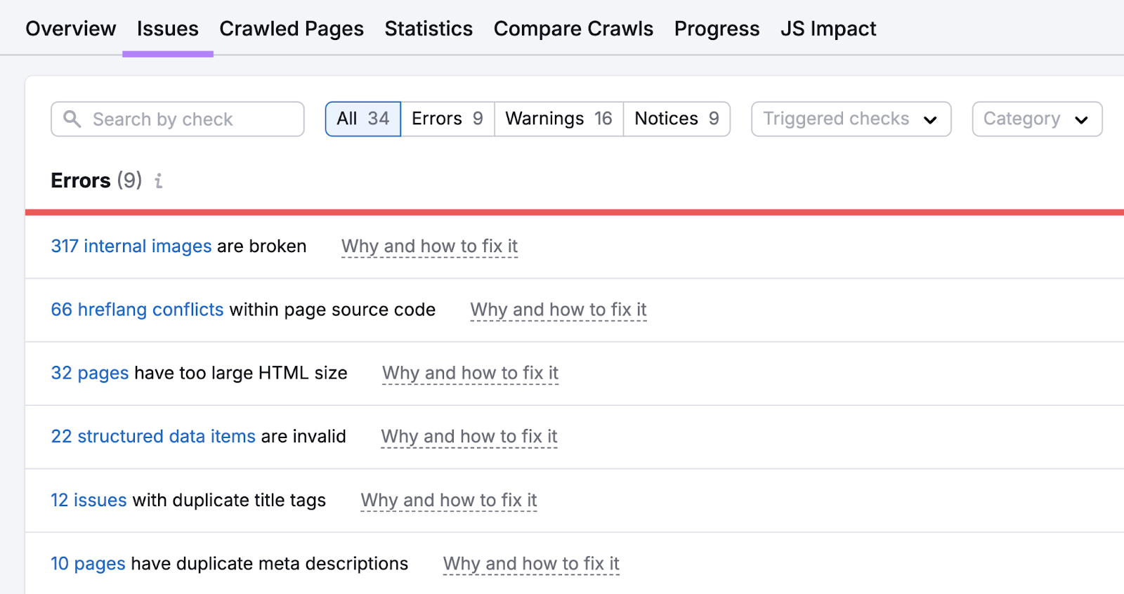 Site Audit issues report shows errors like broken internal images, duplicate title tags, and more