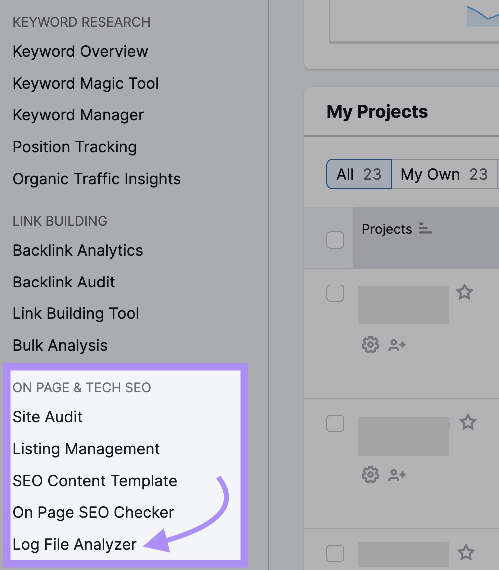 Navigating to "Log File Analyzer" in Semrush dashboard