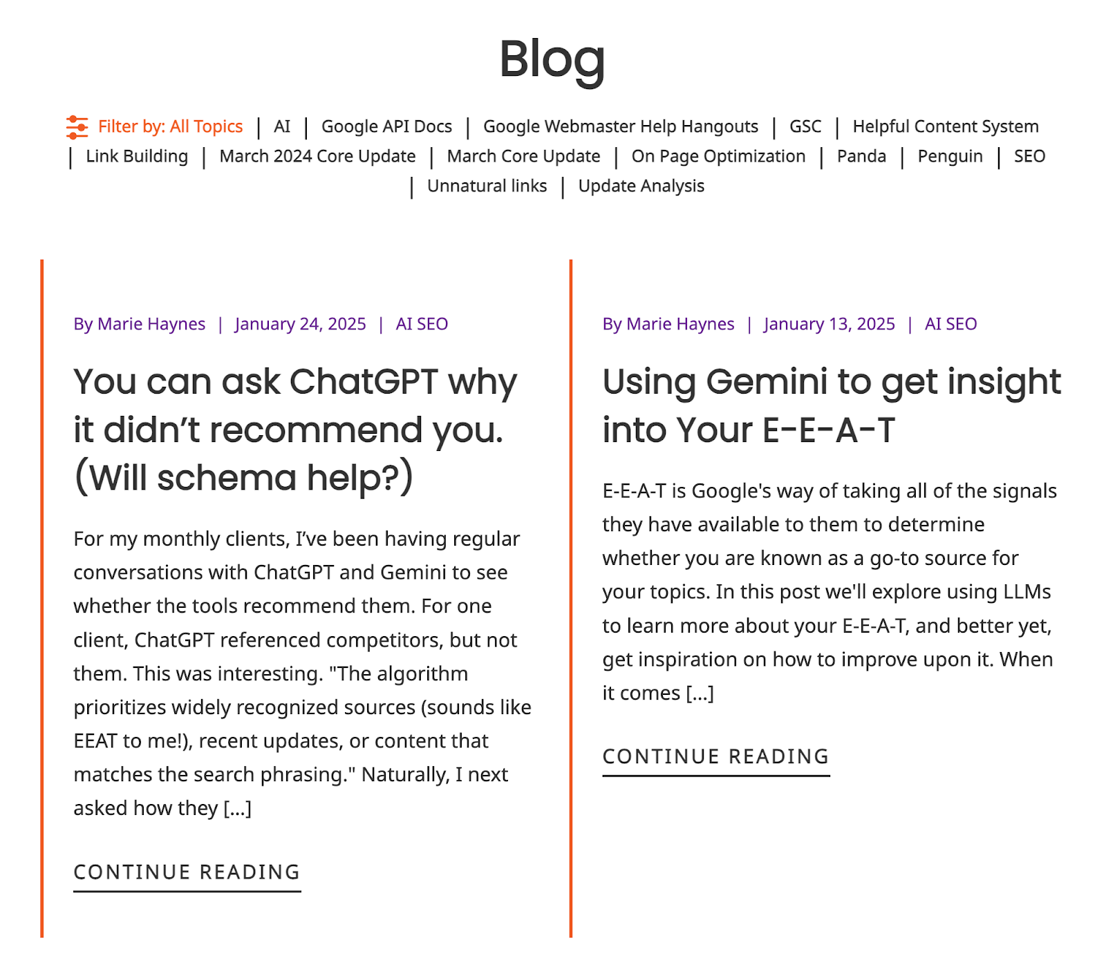 Marie Haynes's SEO blog features articles about schema and ChatGPT and using Gemini to review your E-E-A-T.