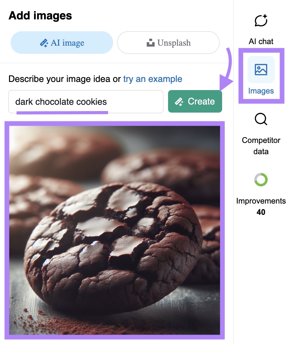 "Images" option selected on ContentShake AI with the term "dark chocolate chip cookies"entered and "Create" clicked.