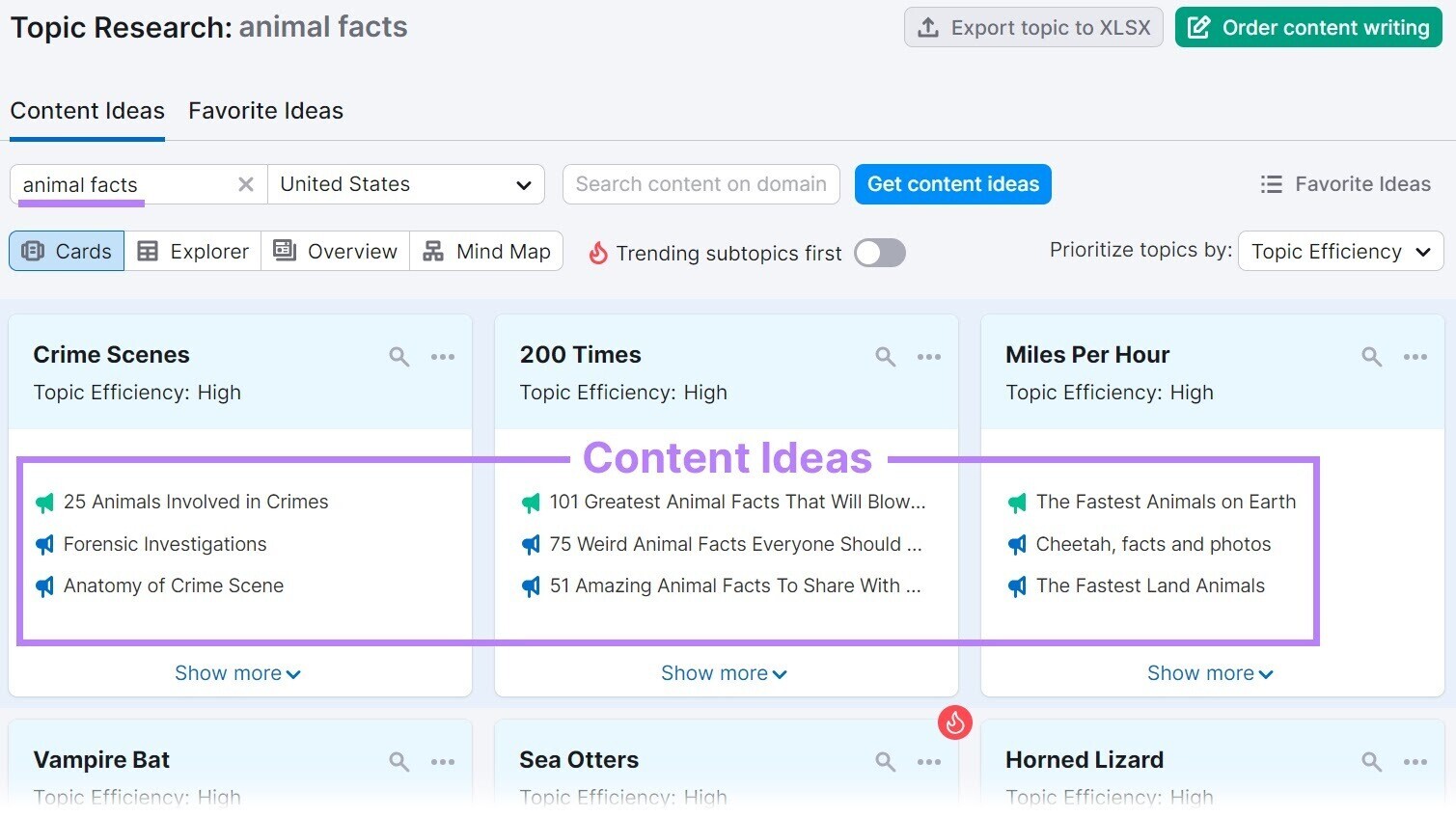 an example of content ideas related to "animal facts" search in Topic Research tool