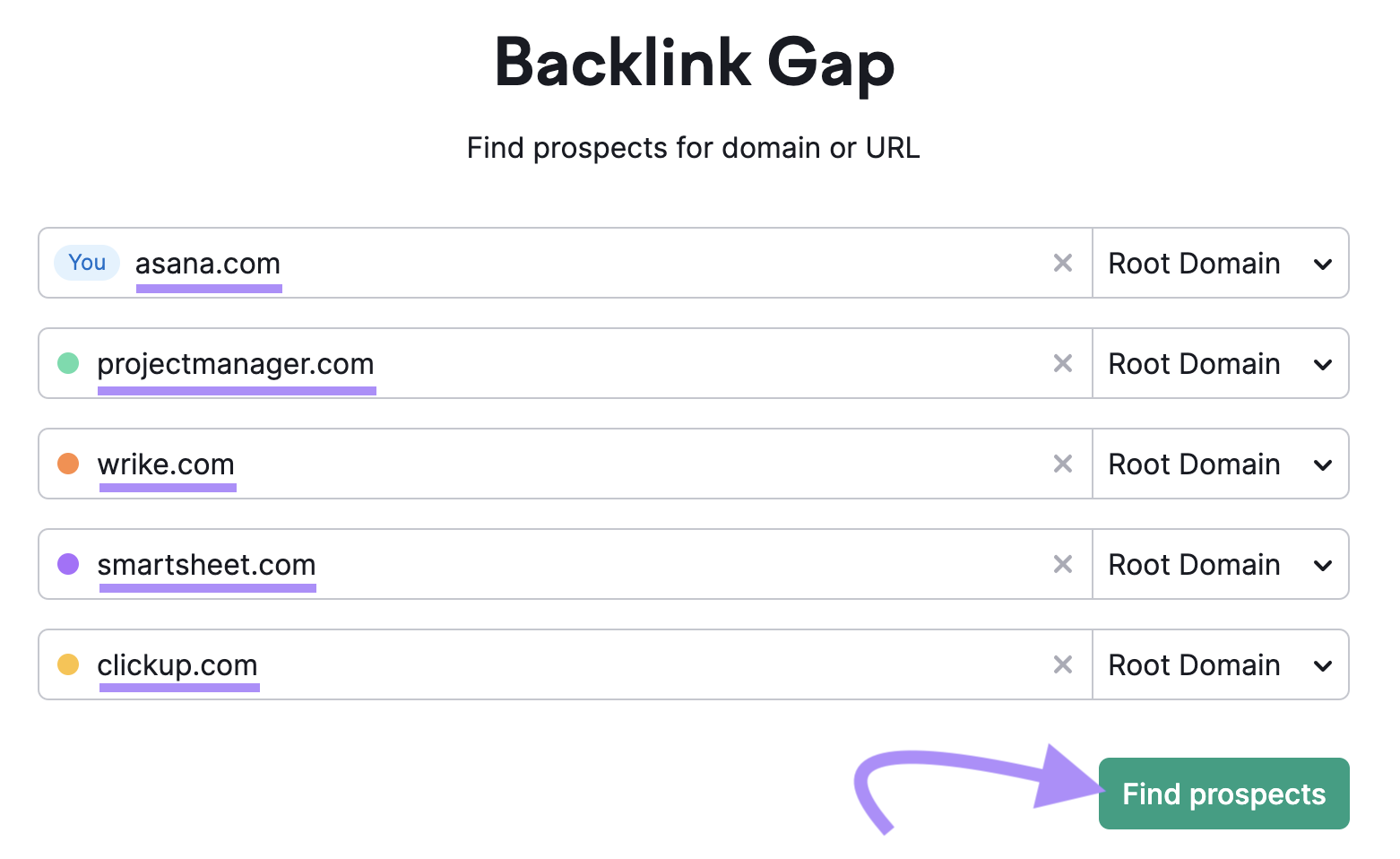 Backlink Gap tool search bar has five saas seo competitors