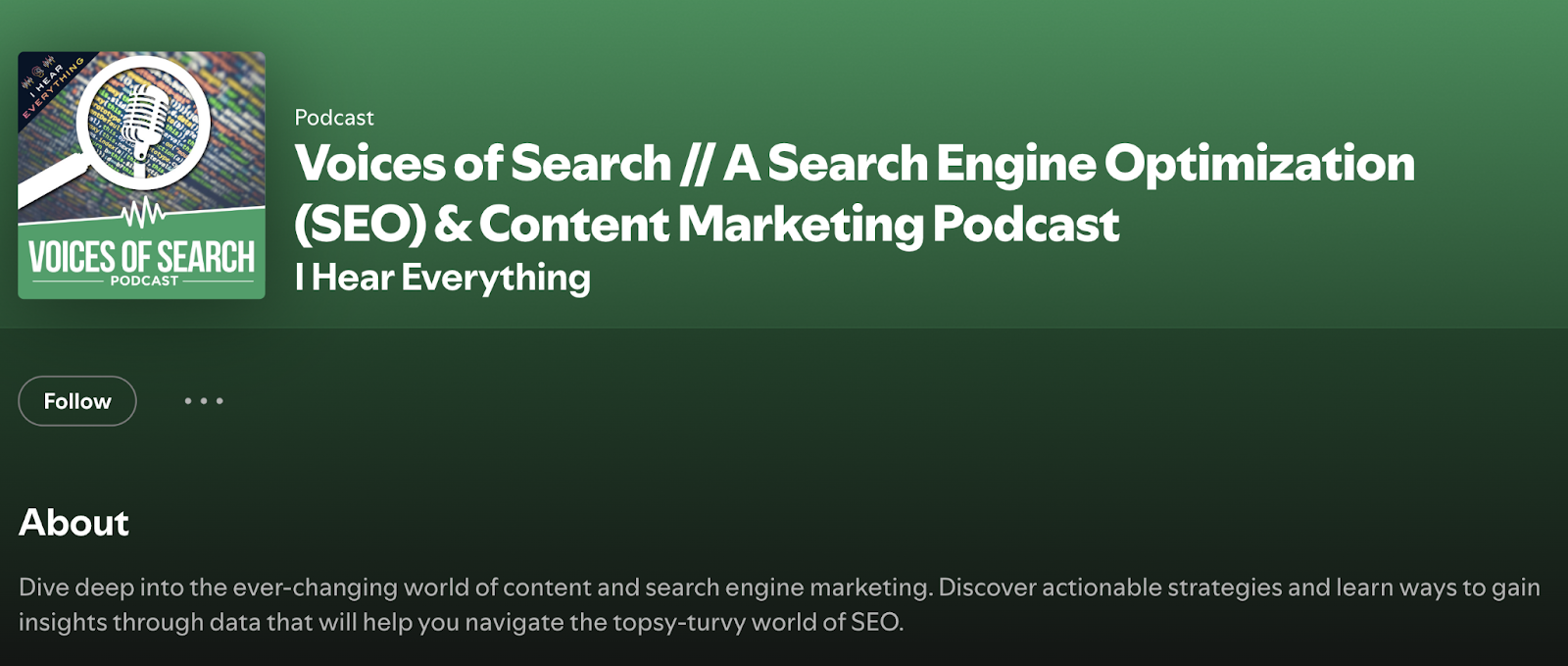 Voices of Search, a Search Engine Optimization (SEO) and Content Marketing Podcast as it appears on Spotify.